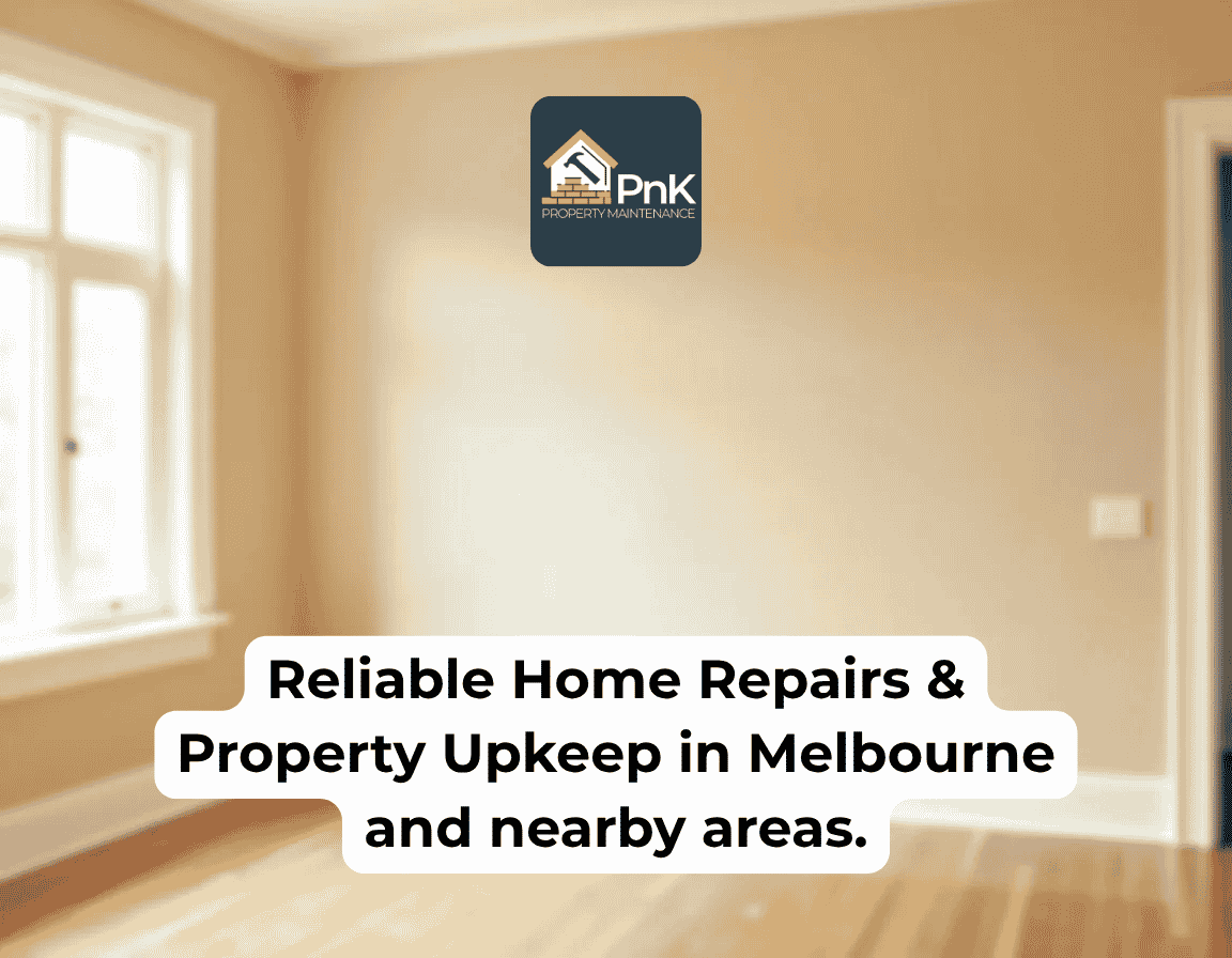 Empty beige room with hardwood floors and a bright window, overlaid with the text, “Reliable Home Repairs & Property Upkeep in Melbourne and nearby areas.”