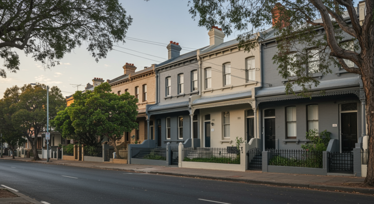 Residential street in Carlton VIC with well-maintained heritage terrace homes, tidy front gardens, mature street trees, iron fencing and clean exterior facades during soft evening light.