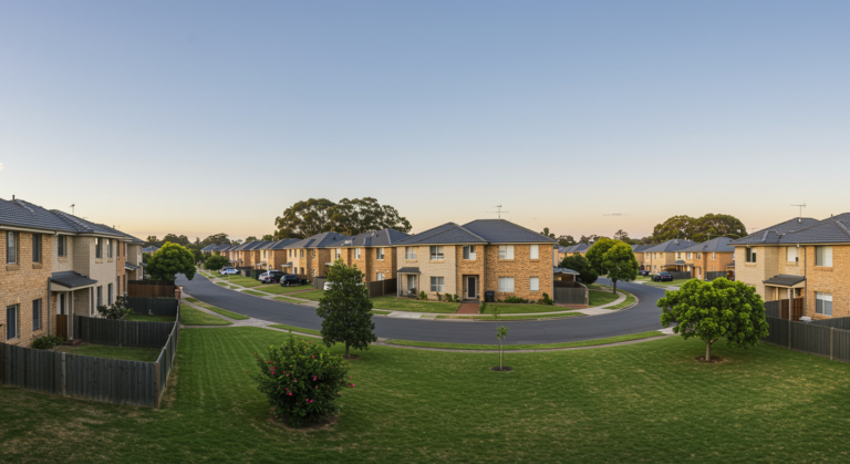 Wide view of a well-maintained residential neighbourhood in Footscray VIC with brick homes, tidy lawns, clean streets, landscaped gardens, fencing and soft evening light.
