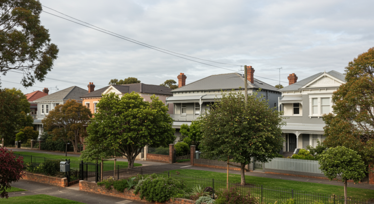 Residential street in Hawthorn VIC with well-maintained heritage homes, neat front gardens, mature trees, fencing, brick paths and tidy outdoor areas under an overcast sky.