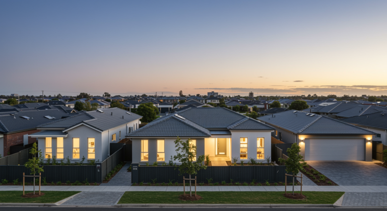 Wide evening view of a well-maintained residential neighbourhood in Melbourne VIC with modern homes, neat lawns, clean driveways, tidy fencing, landscaped gardens and warm house lighting at dusk.