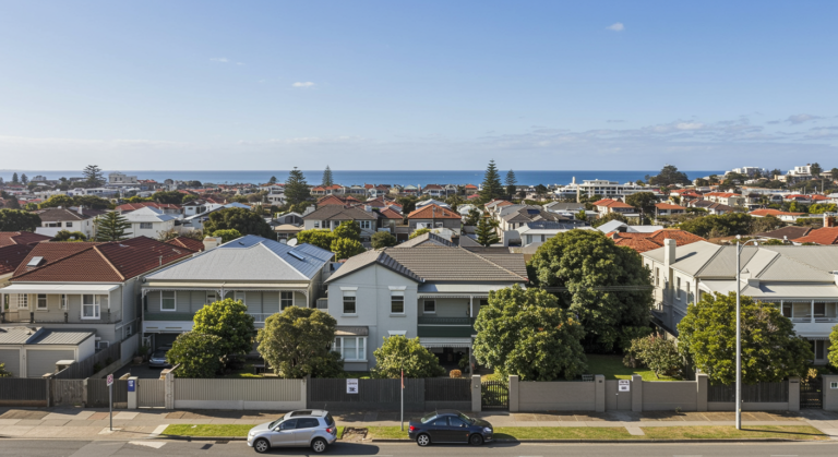 Elevated view of a well-maintained residential area in St Kilda VIC with tidy homes, leafy gardens, clean streets, parked cars and coastal views in the background under a bright blue sky.